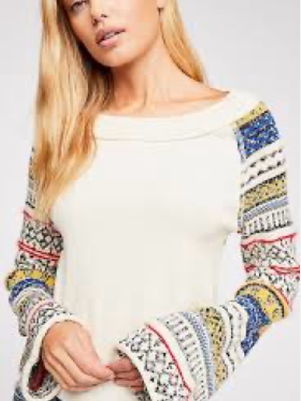 Free People Fair Isle Sleeve Cream Knit  Sweater | Women’s Large | NWT
